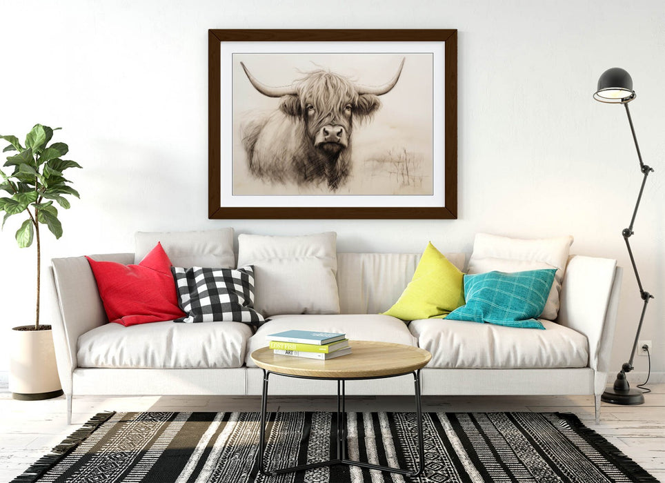 Highland Cow Wall Art – Framed Charcoal Sketch Print on Matte Paper, Handmade UK