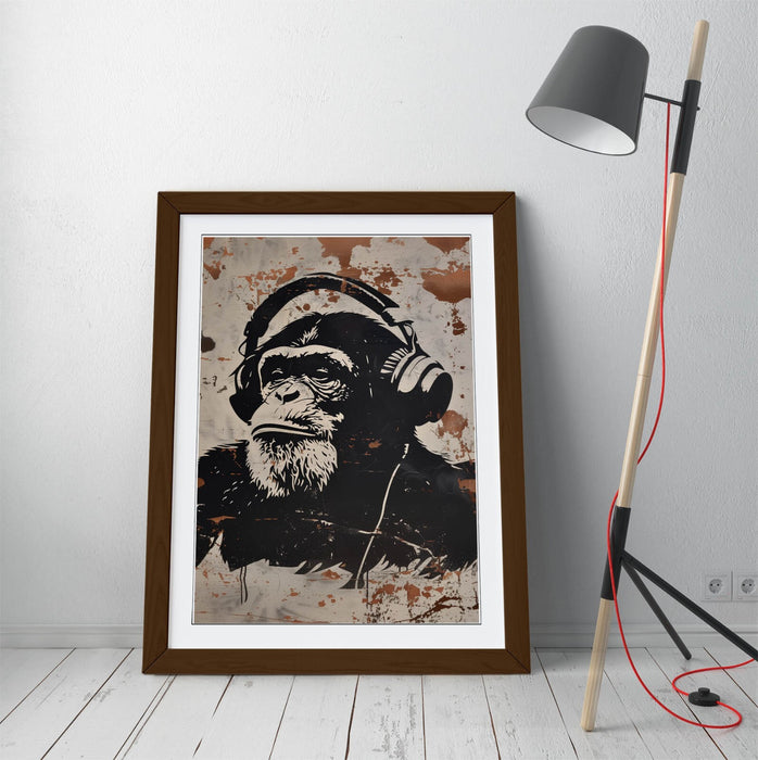 Framed Wall Art Poster – Ape Wearing Headphones Stencil Graffiti Print 4 Sizes
