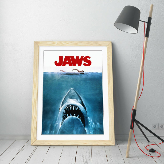Vintage Jaws Poster - Framed Movie Poster With Woodgrain Frame Art & Matte Paper Print