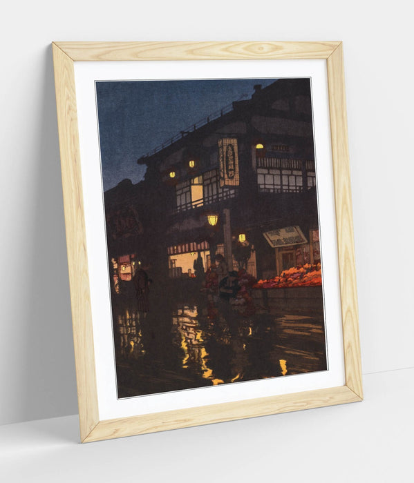 Framed Wall Art Poster - Yoshida Hiroshi Kagurazaka Street Print With Natural Wood Frame