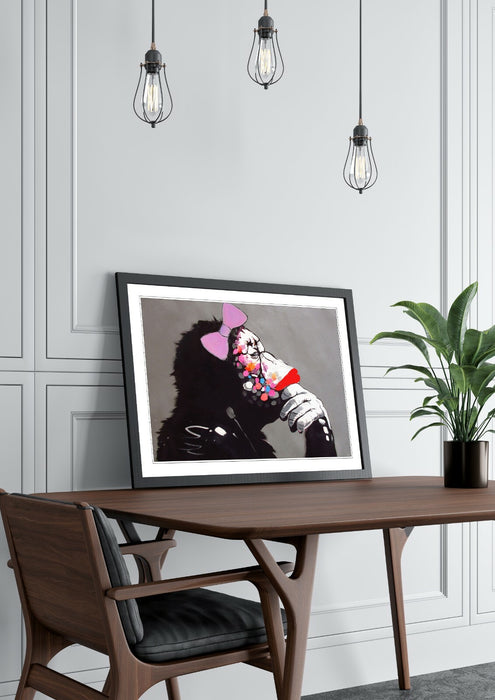 Banksy Framed Poster – Female DJ Monkey Artwork | Urban Wall Art Print