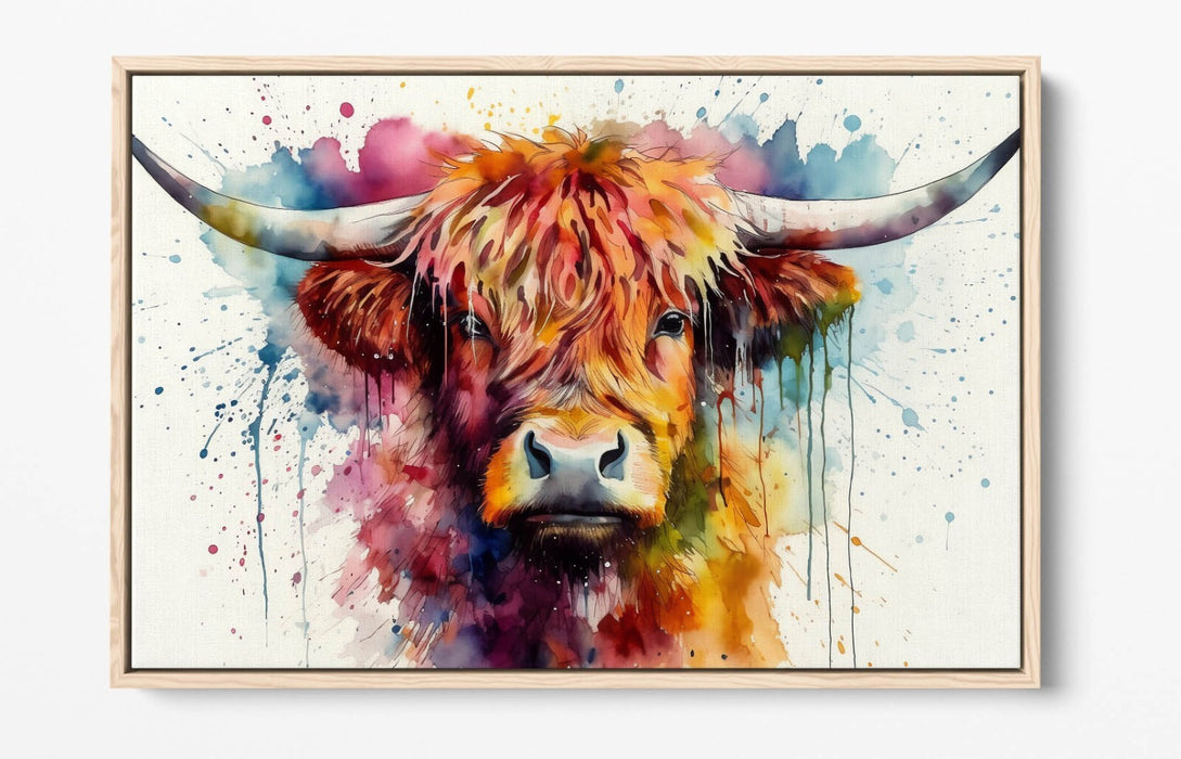 Highland Cow Canvas - Watercolour Animal Print With Float Effect Frame