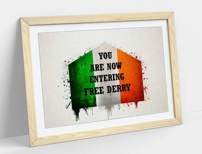Framed Wall Art - Derry Wall Decor With Irish Flag Print & Woodgrain Frame Finish