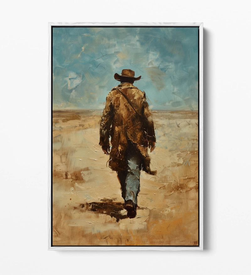 Canvas Wall Art - Wandering Cowboy Blue Sky Landscape Float Effect Print