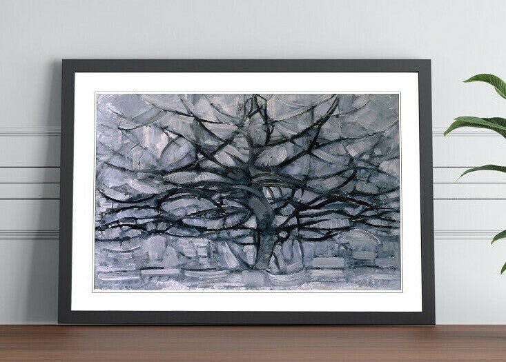 Mondrian Framed Wall Art – Abstract Geometric Art Print With Wood Grain Frame