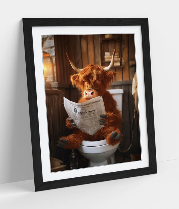 Highland Cow Wall Art – Framed Bathroom Decor Poster With Rustic Wood Frame