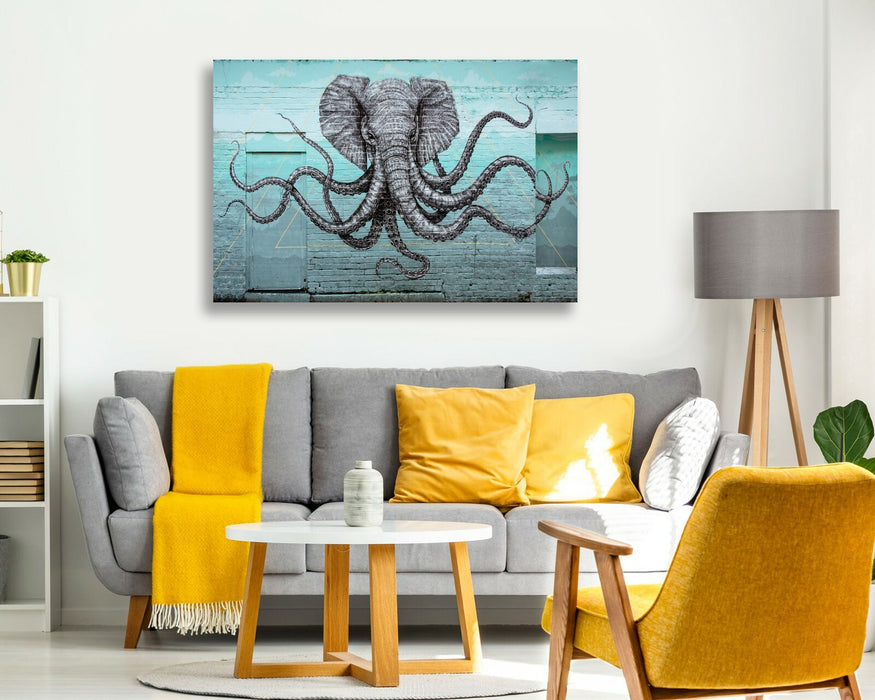ELEPHANT OCTOPUS GRAFFITI CANVAS WALL ART PRINT ARTWORK  FRAMED TEAL TURQUOISE