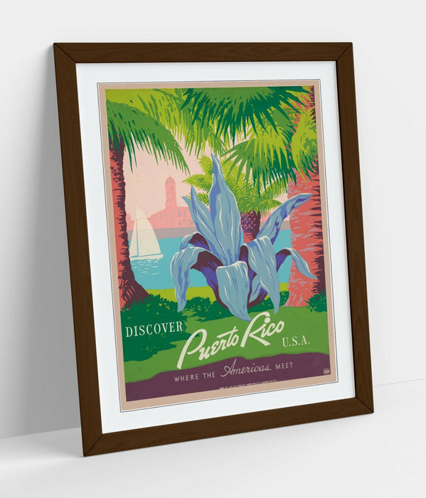 RETRO PUERTO RICO TRAVEL POSTER -FRAMED WALL ART PICTURE PRINT- BLUE PINK