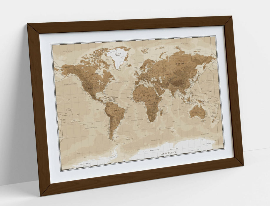 VINTAGE WORLD MAP -ART FRAMED POSTER PICTURE PRINT ARTWORK- BEIGE