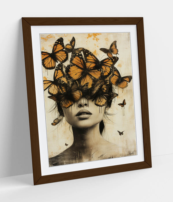 Framed Wall Art Poster – Woman Butterfly Portrait Print with Natural Wood Frame