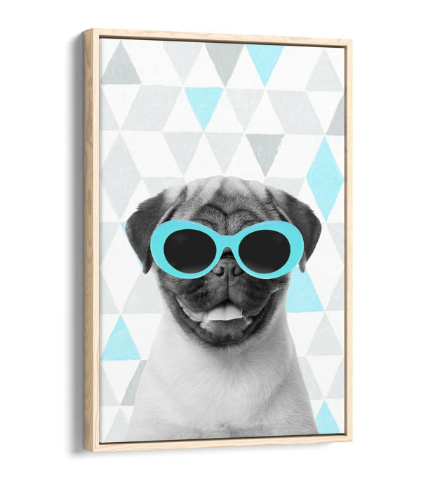 PUG SUNGLASSES TURQUOISE GREY GEOMETRIC -FLOAT EFFECT CANVAS WALL ART PIC PRINT