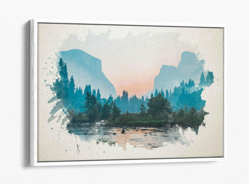 Mountain Landscape Canvas | Watercolour Art Print - Float Effect Frame, Ready To Hang
