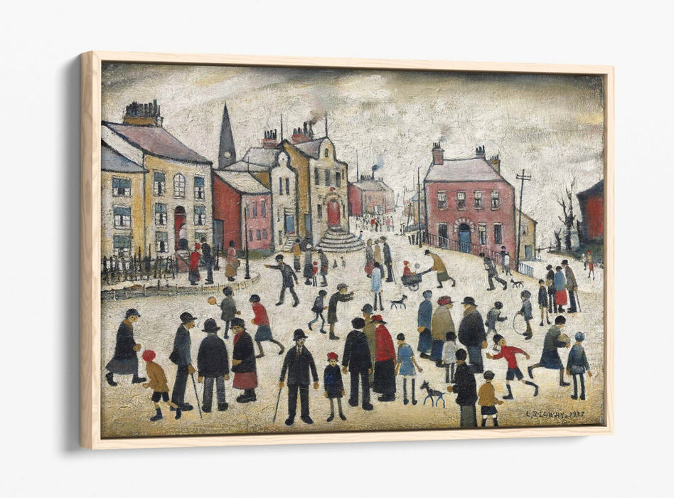 LS LOWRY, PEOPLE STANDING ABOUT -FLOAT EFFECT CANVAS WALL ART PIC PRINT- BEIGE