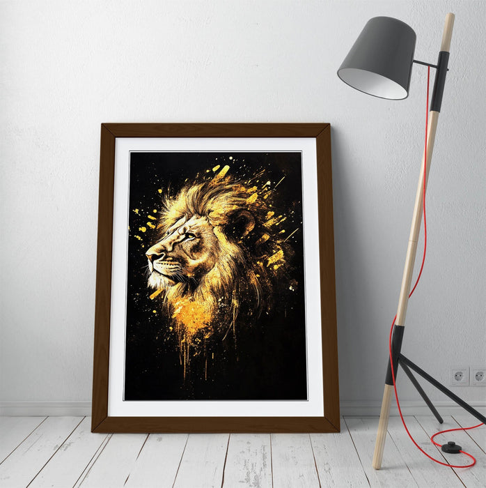 Lion Head Wall Art – Abstract Gold Splash Poster With Faux Wood Frame