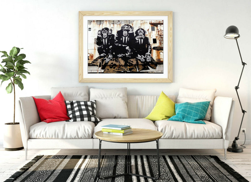 BANKSY 3 WISE MONKEYS -ART FRAMED POSTER PICTURE PRINT ARTWORK- WHITE BEIGE