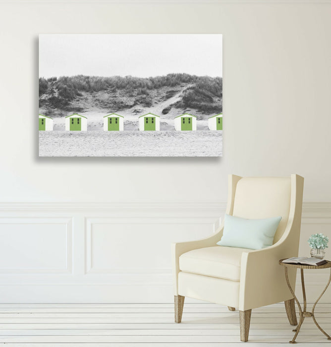 Beach Huts Canvas Art – Green Black White Coastal Wall Decor Print Ready to Hang