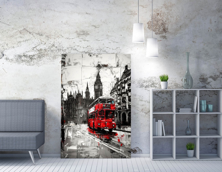 Cityscape Canvas Art - Black and White Urban City Canvas with Red Bus Wall Decor