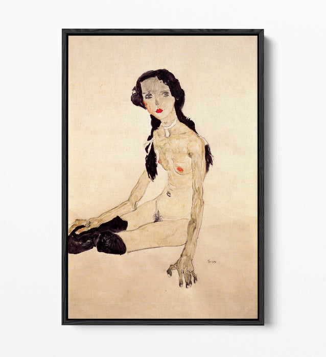 Canvas Wall Art Print - Egon Schiele Sitting Girl With Ponytail | Float Effect Canvas