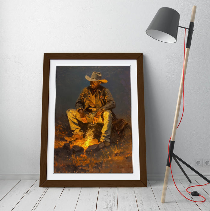 Framed Wall Art Cowboy Smoking By Campfire - Rustic Woodgrain Frame Print