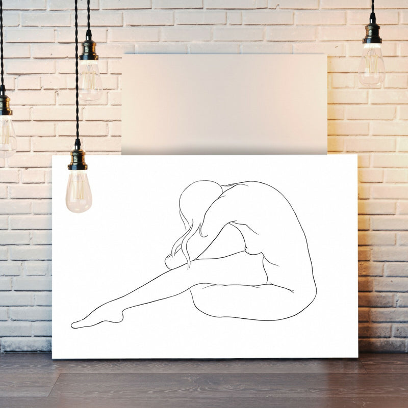 Canvas Wall Art - Black and White Nude Woman Line Drawing Artwork on Premium Canvas