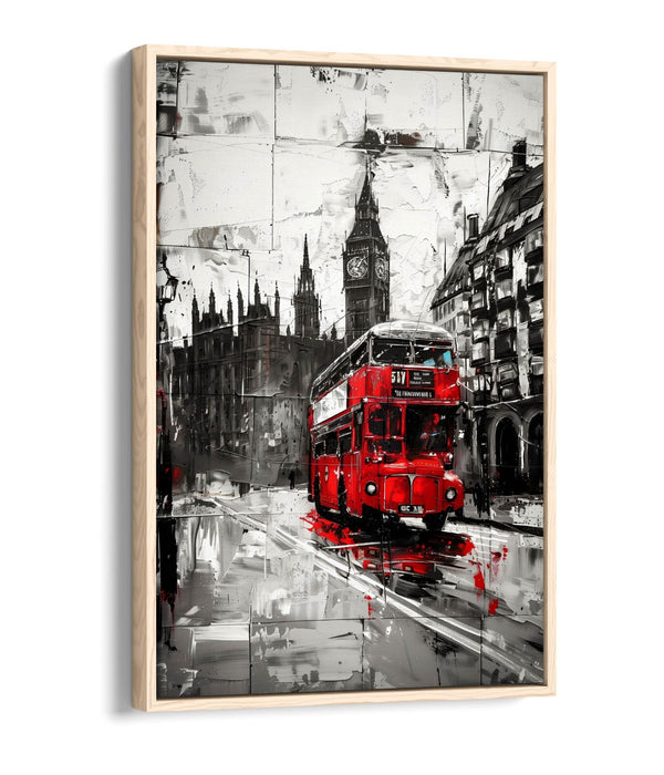 Canvas Wall Art - Black White Cityscape With Red Bus | Float Effect, Handmade UK