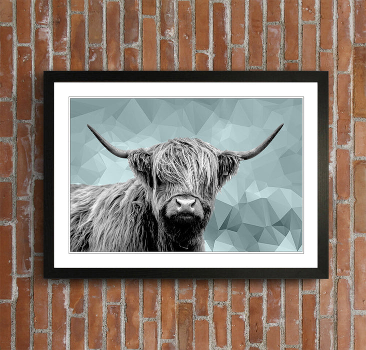 HIGHLAND COW BLACK AND WHITE DUCK EGG BLUE GEO FRAMED POSTER WALL ART PRINT