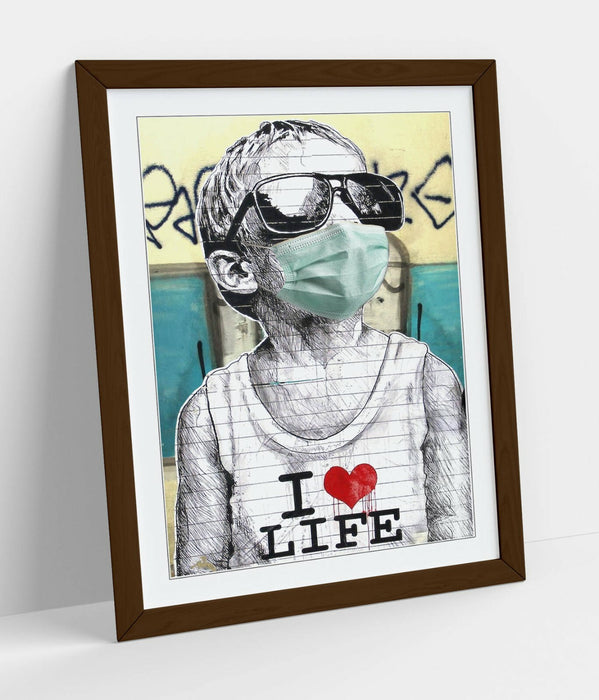 BANKSY I HEART LIFE BOY MASK -FRAMED POSTER WALL ART PRINT ARTWORK- BLUE GREY