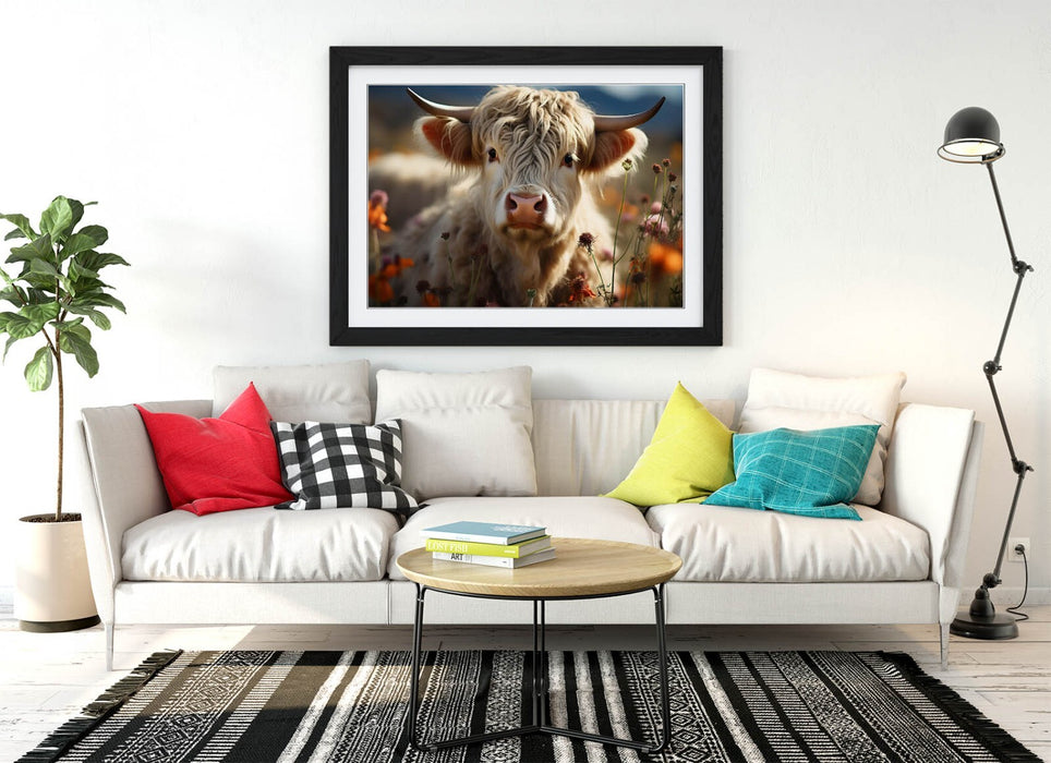 Highland Cow Wall Art – Framed White Highland Cow Print | Rustic Farmhouse Decor