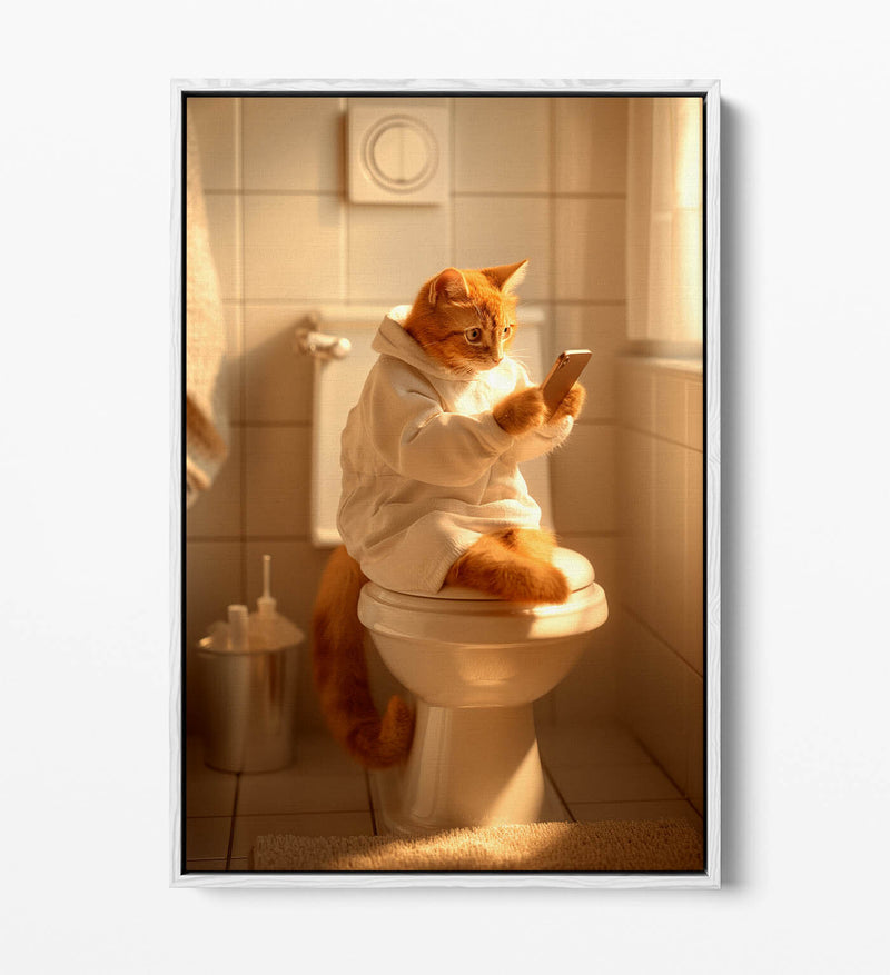 Funny Bathroom Canvas - Cat Wearing Robe Toilet Humor Artwork | Premium Float Effect Print