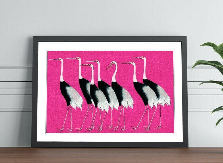 FRAMED WALL ART PRINT ARTWORK POSTER ORIENTAL PINK CRANES JAPANESE 4 SIZES