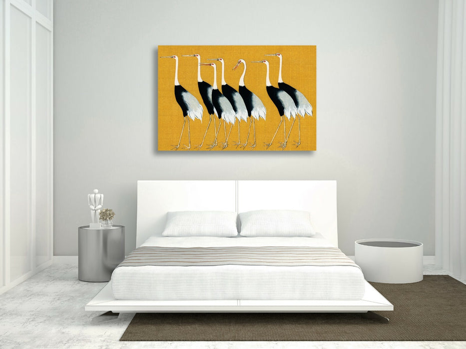 Mustard Canvas Wall Art – Oriental Crane Artwork | Handmade Japanese Decor Print