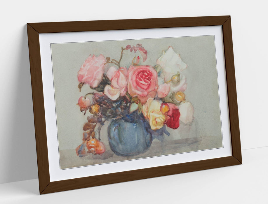 Framed Wall Art - Dorothy Richmond Roses And Berries Botanical Print With Natural Wood Frame