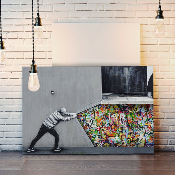 BANKSY WHATS BEHIND THE CURTAIN WHATSON CANVAS WALL ART PRINT ARTWORK GRAFFITI