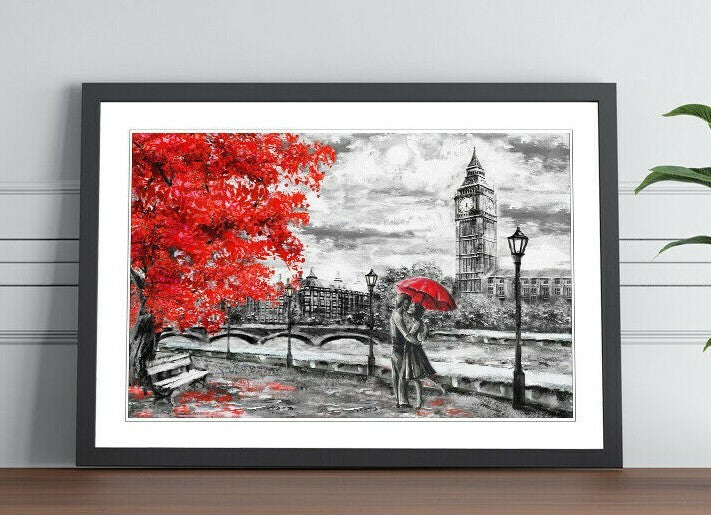 London Big Ben Grey Red Umbrella Wall Art Picture Framed Poster Print 4 sizes