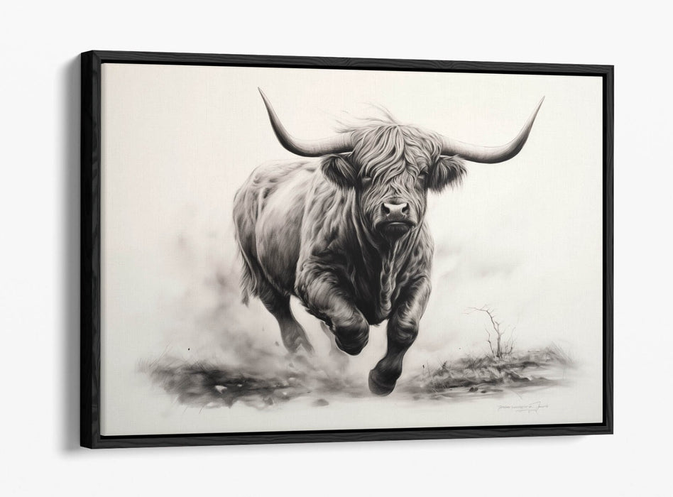 Highland Cow Canvas – Charcoal Sketch Print On Float Effect Canvas Wall Art