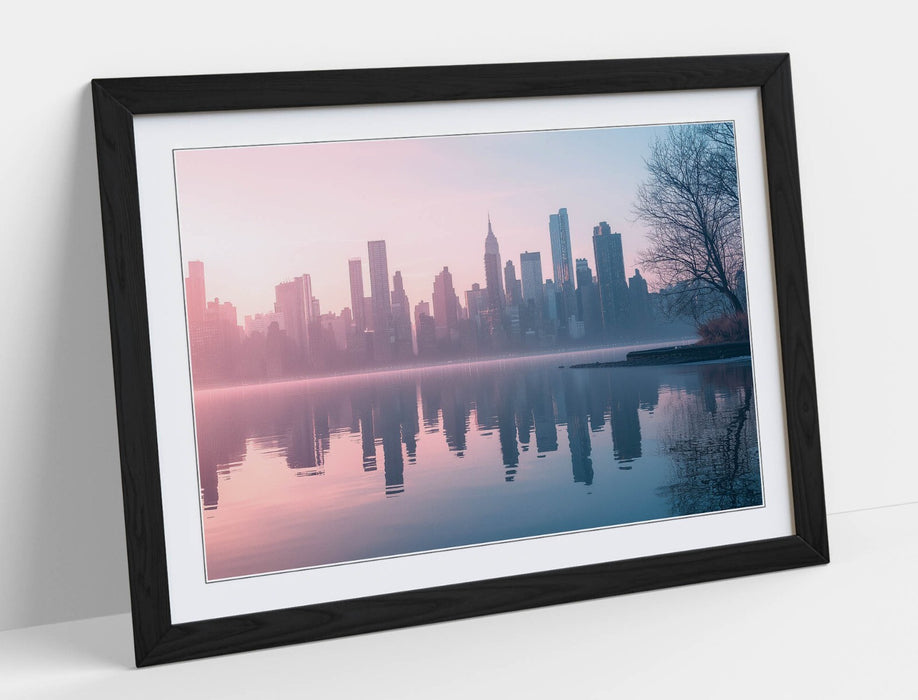 City Skyline Wall Art – Framed Urban River Reflection Poster Print with Woodgrain Frame