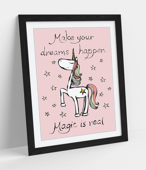 Pink Unicorn Poster - Cute Kids Wall Art | Framed Art Print With Matte Paper