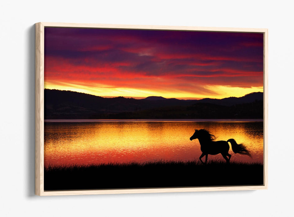 Canvas Wall Art - Running Horse Silhouette Sunset Landscape Float Effect Print