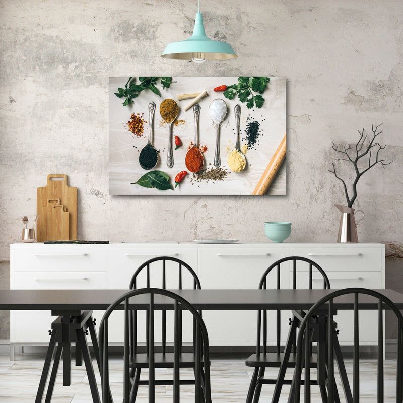 Kitchen Canvas Wall Art – Handmade Kitchen Decor with Herbs, Spices & Spoons Print