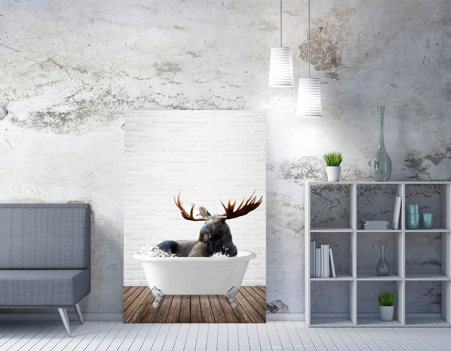 MOOSE IN BATHTUB -QUIRKY CANVAS WALL ART PRINT ARTWORK ANIMAL FRAMED BATHROOM