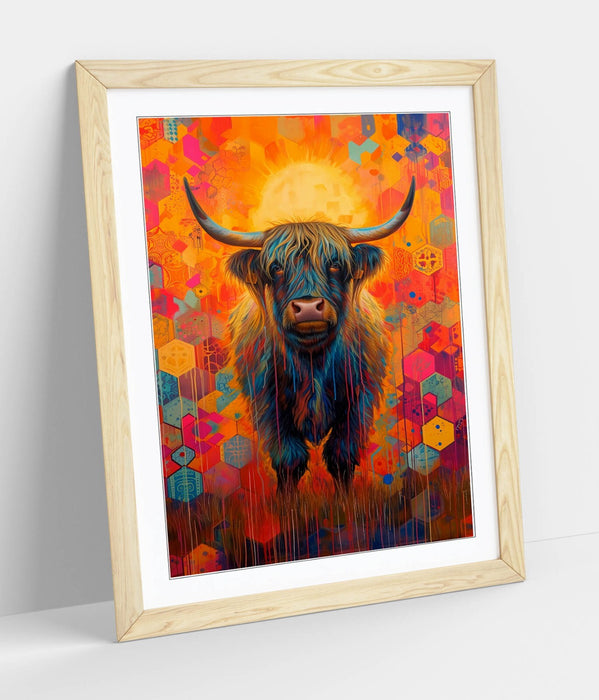 Highland Cow Wall Art – Multi Color Framed Hexagonal Pattern Poster Print
