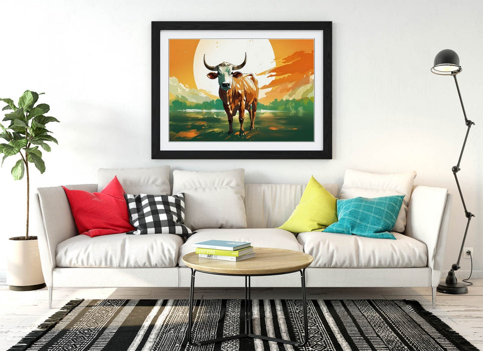 Framed Wall Art – Cow Standing In Water Orange Sunset Poster Print With Woodgrain Frame