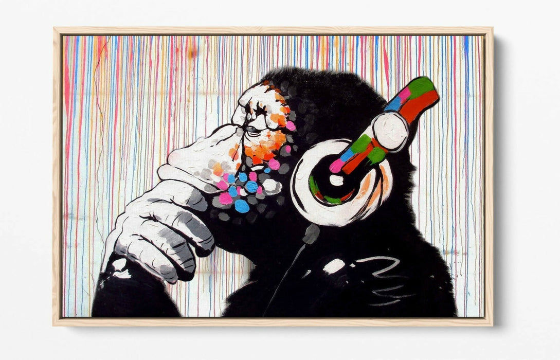 BANKSY DJ MONKEY RAIN -FLOAT EFFECT CANVAS WALL ART PIC PRINT- WHITE BLACK