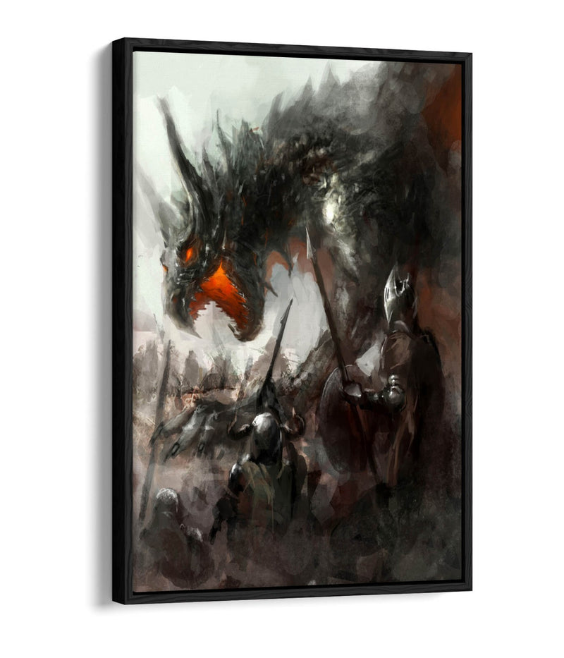 Canvas Wall Art – Watercolour Dragon & Knights Float Effect Print with Premium Frame