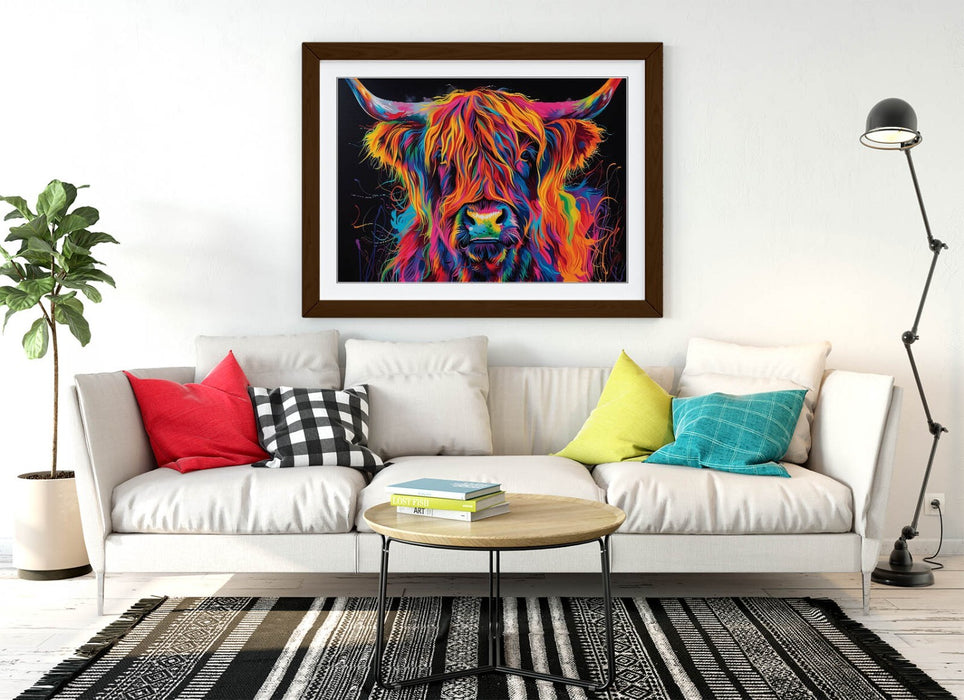 Highland Cow Wall Art – Framed Multi Colour Poster with Woodgrain Faux Frame
