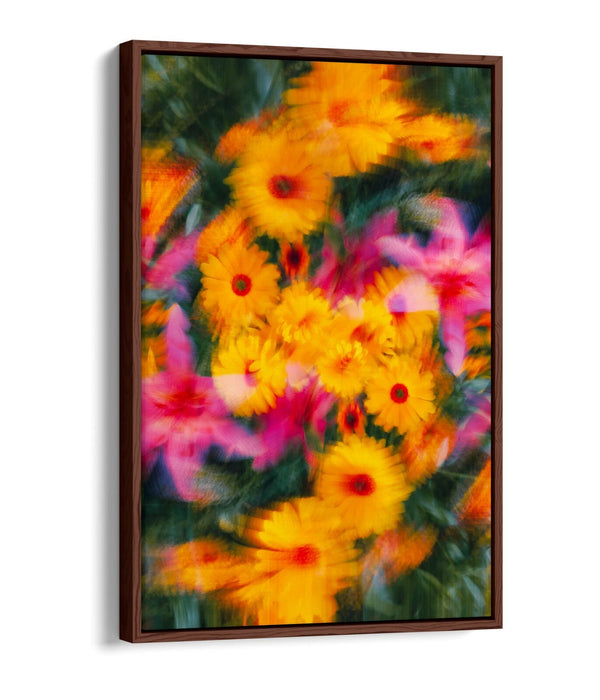 Float Effect Canvas Art - Colourful Blurred Yellow Pink Flowers on Premium MDF Frame