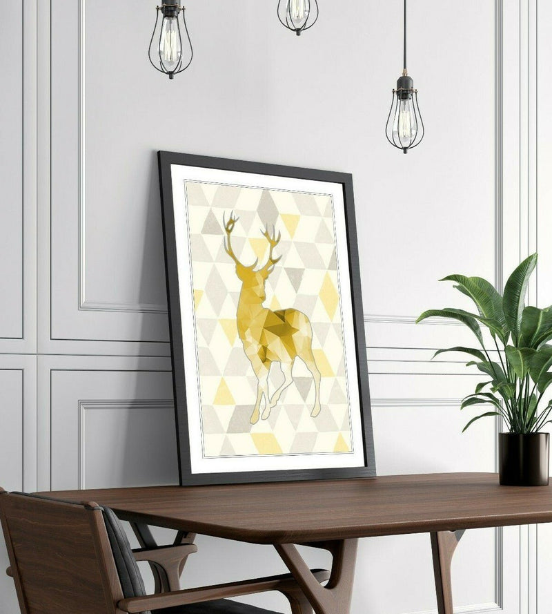 Framed Wall Art Print - Mustard Yellow Geometric Stag Artwork With Natural Wood Frame