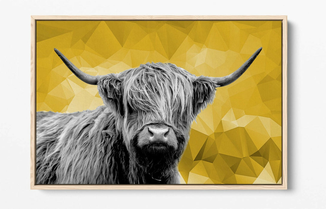 HIGHLAND COW MUSTARD YELLOW GEOMETRIC -FLOAT EFFECT CANVAS WALL ART PIC PRINT-