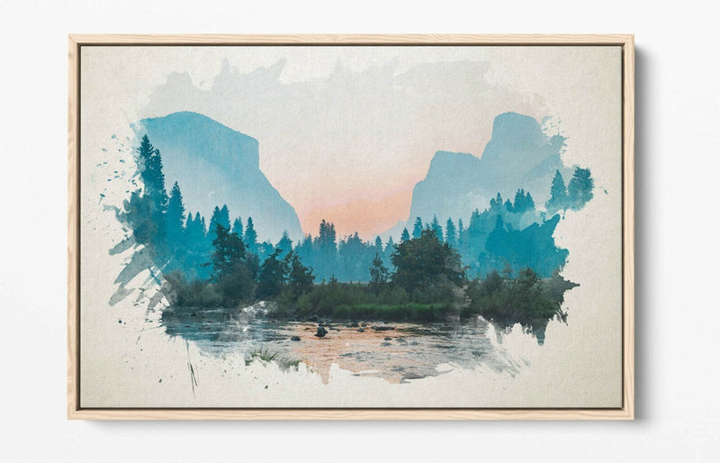 Mountain Landscape Canvas | Watercolour Art Print - Float Effect Frame, Ready To Hang