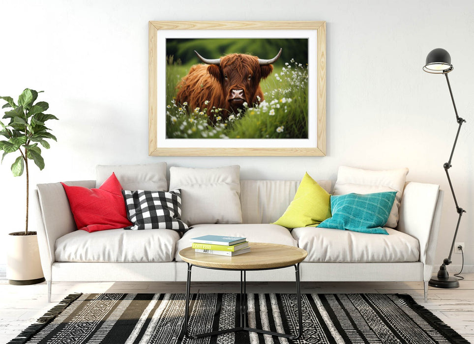 Highland Cow Wall Art – Framed Art Print With Flower Field Poster, Rustic Home Decor